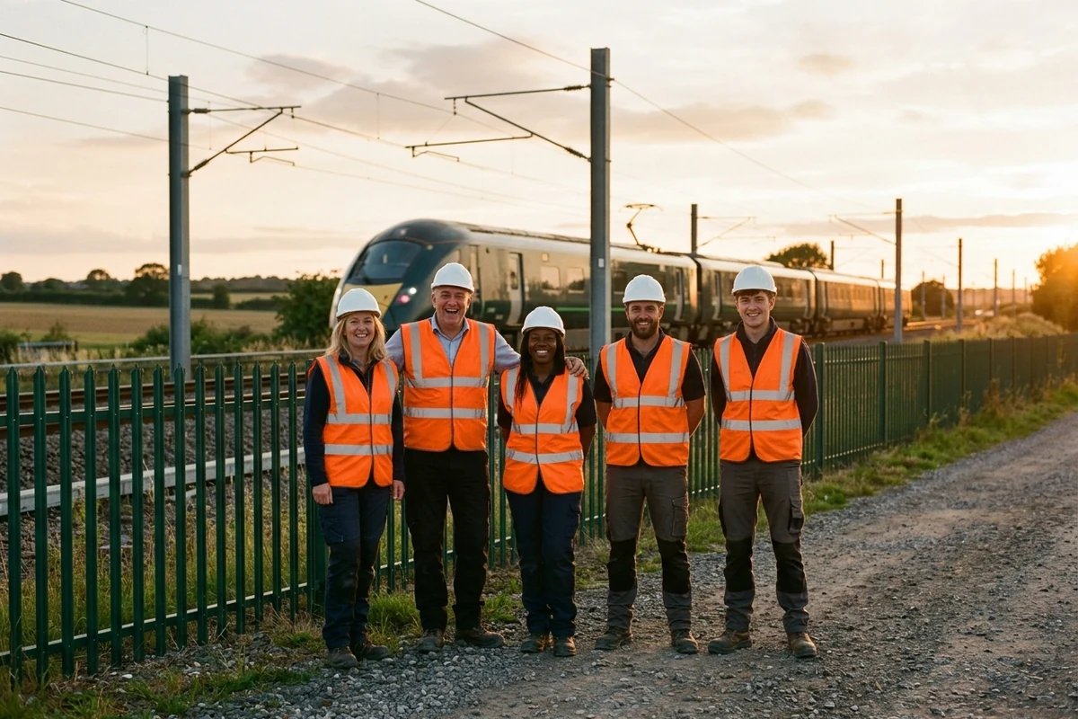 Équipe de formateurs en tenue haute visibilité derrière la clôture d'une ligne ferroviaire au coucher du soleil