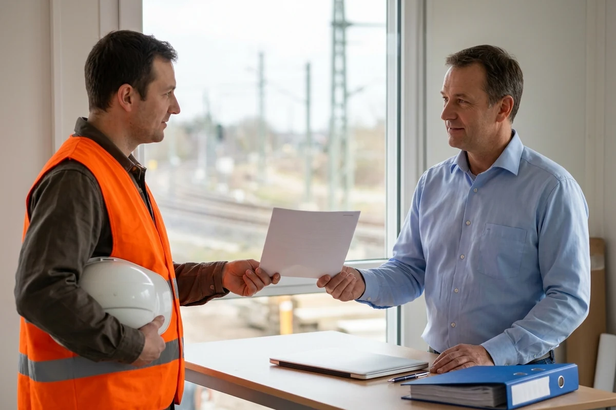 Responsable d'entreprise remettant un document d'autorisation à un salarié en tenue de chantier, dans un bureau
