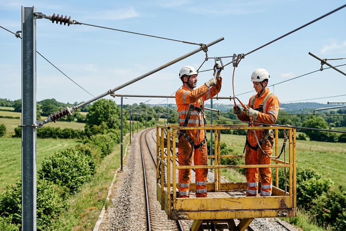 Travaux de maintenance sur caténaire ferroviaire depuis une nacelle : intervention hors tension et hors circulation