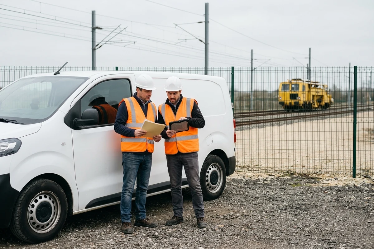 Chef d'entreprise et conducteur de travaux en tenue haute visibilité étudiant un dossier au bord d'un chantier ferroviaire