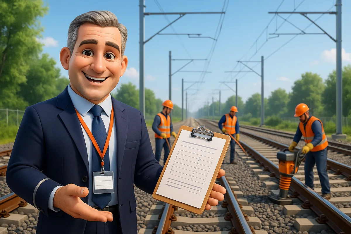 Conseiller SECUFER pr&eacute;sentant un devis de formation devant un chantier ferroviaire