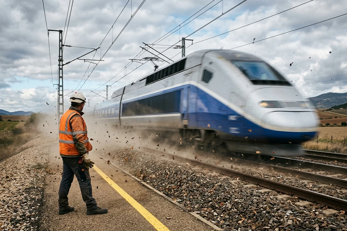 Train à grande vitesse passant devant un agent resté à distance de garde : effet de souffle