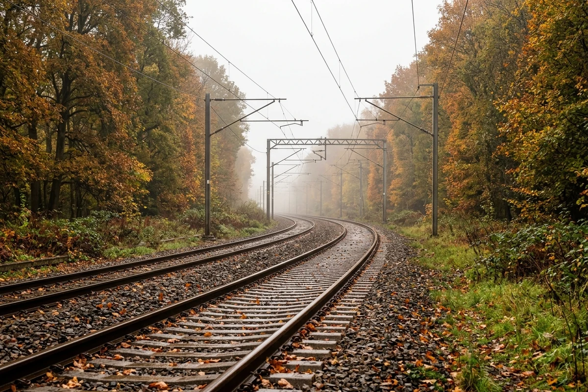 Voie ferrée en automne bordée d'arbres, rails humides et feuilles mortes au sol