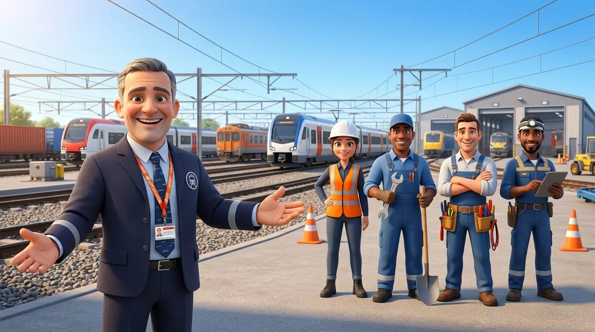 Formateur SECUFER accueillant une équipe de professionnels ferroviaires (agent de voie, électricien, technicien de maintenance) dans un dépôt SNCF