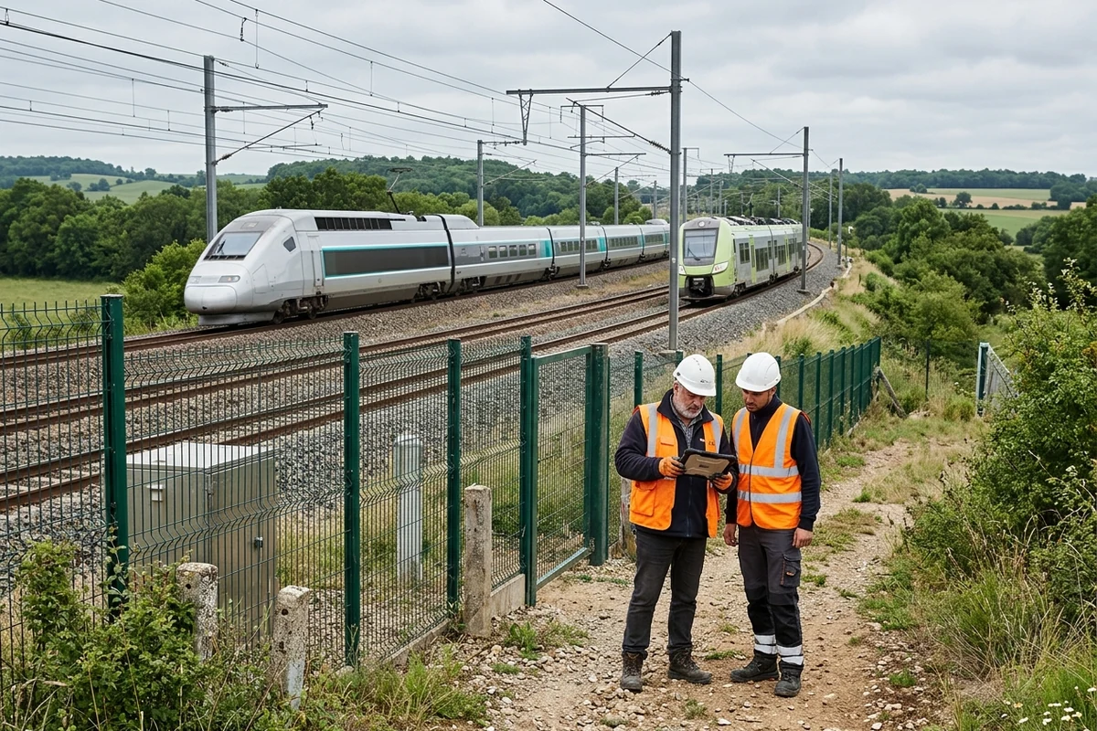 Deux agents en tenue haute visibilité derrière la clôture d'une ligne ferroviaire où se croisent un train à grande vitesse et un train régional