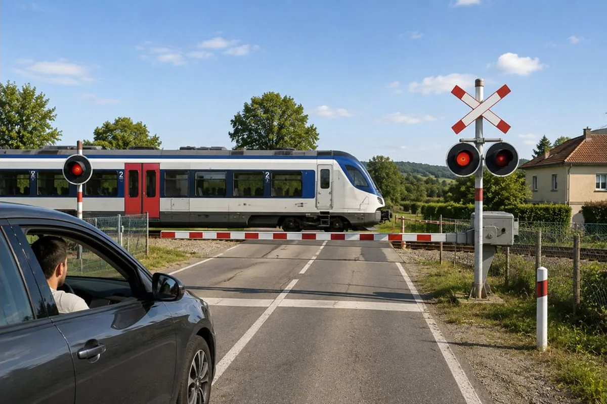 Passage à niveau avec barrières abaissées et feux au passage d'un train