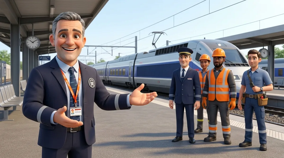 Formateur SECUFER pr&eacute;sentant d'un geste un conducteur de train, un agent de voie et un technicien sur un quai de gare SNCF