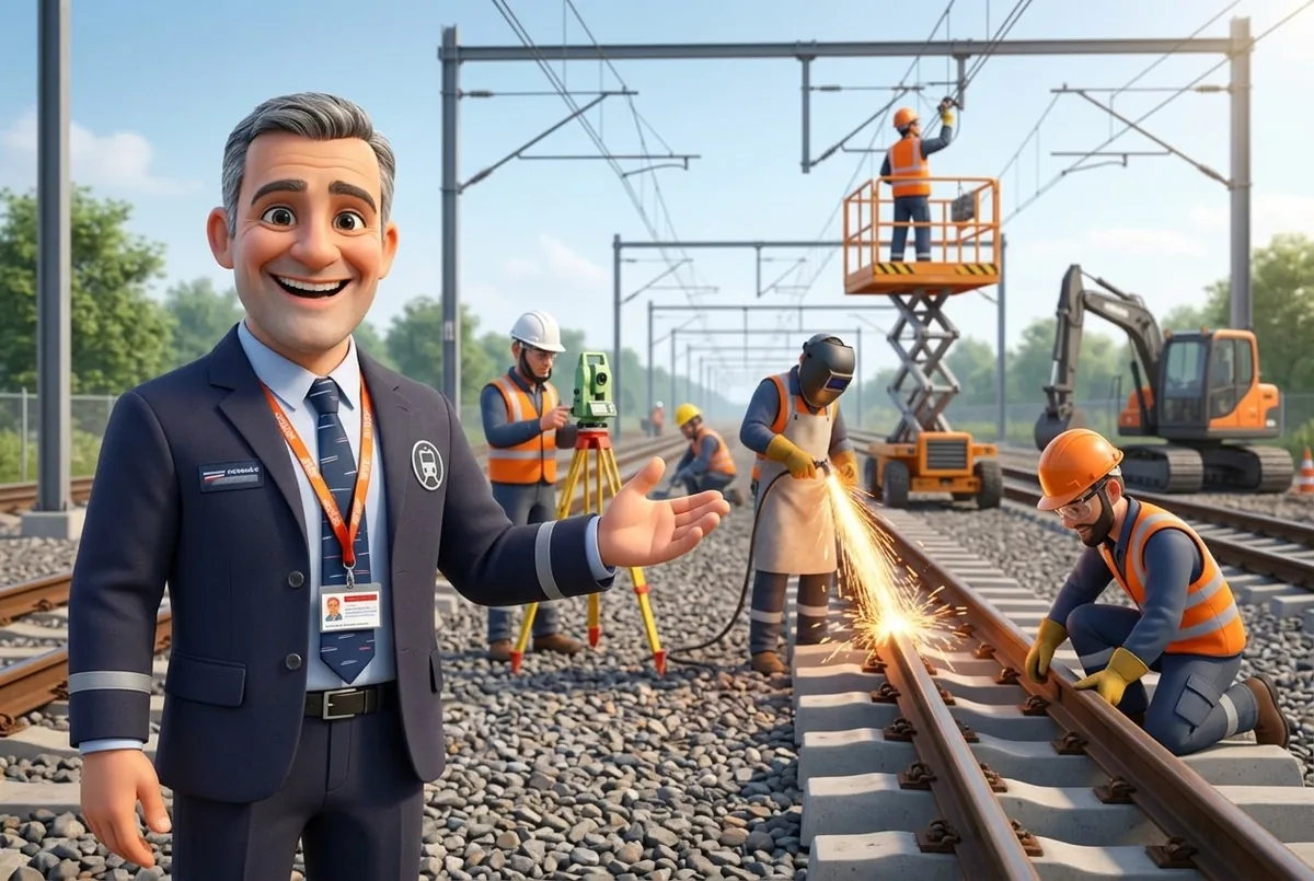 Formateur SECUFER présentant les métiers du ferroviaire concernés : géomètre, soudeur de rail, électricien caténaire et poseur de voie sur un chantier