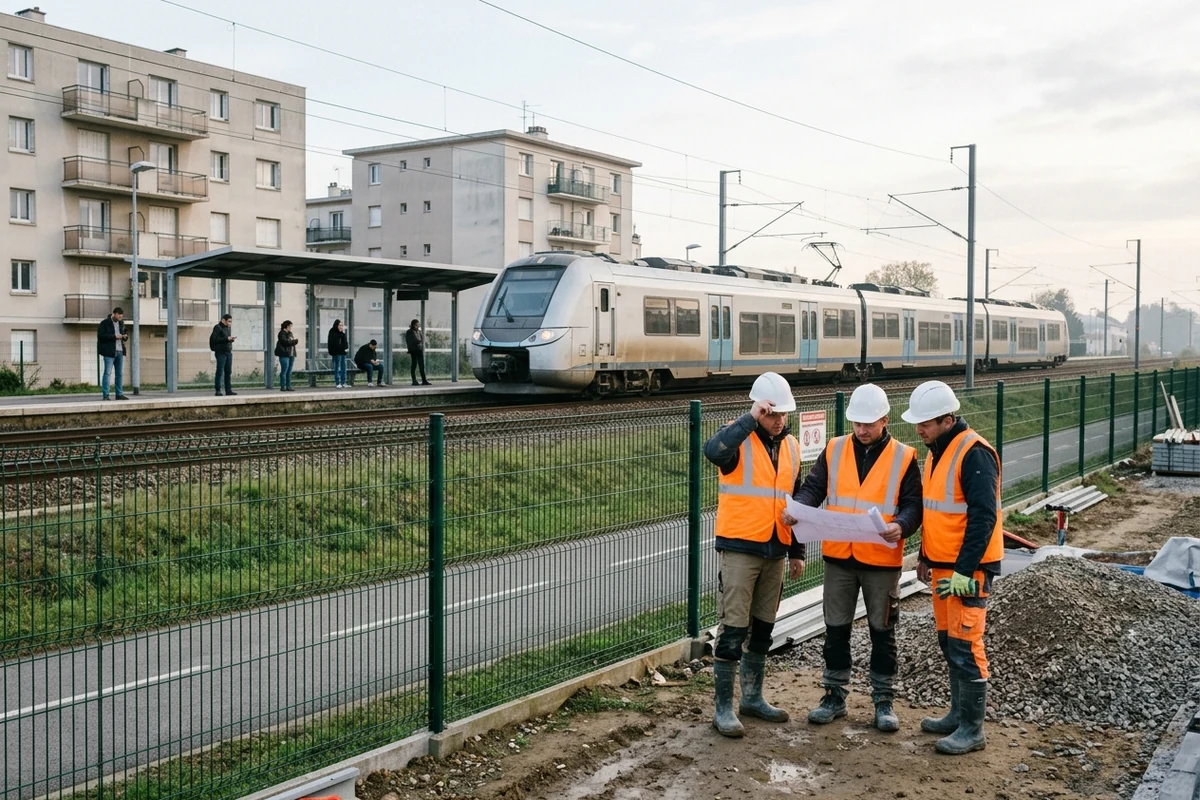 Agents en tenue haute visibilité derrière une clôture, à l'écart des voies, près d'une halte périurbaine où arrive un train régional