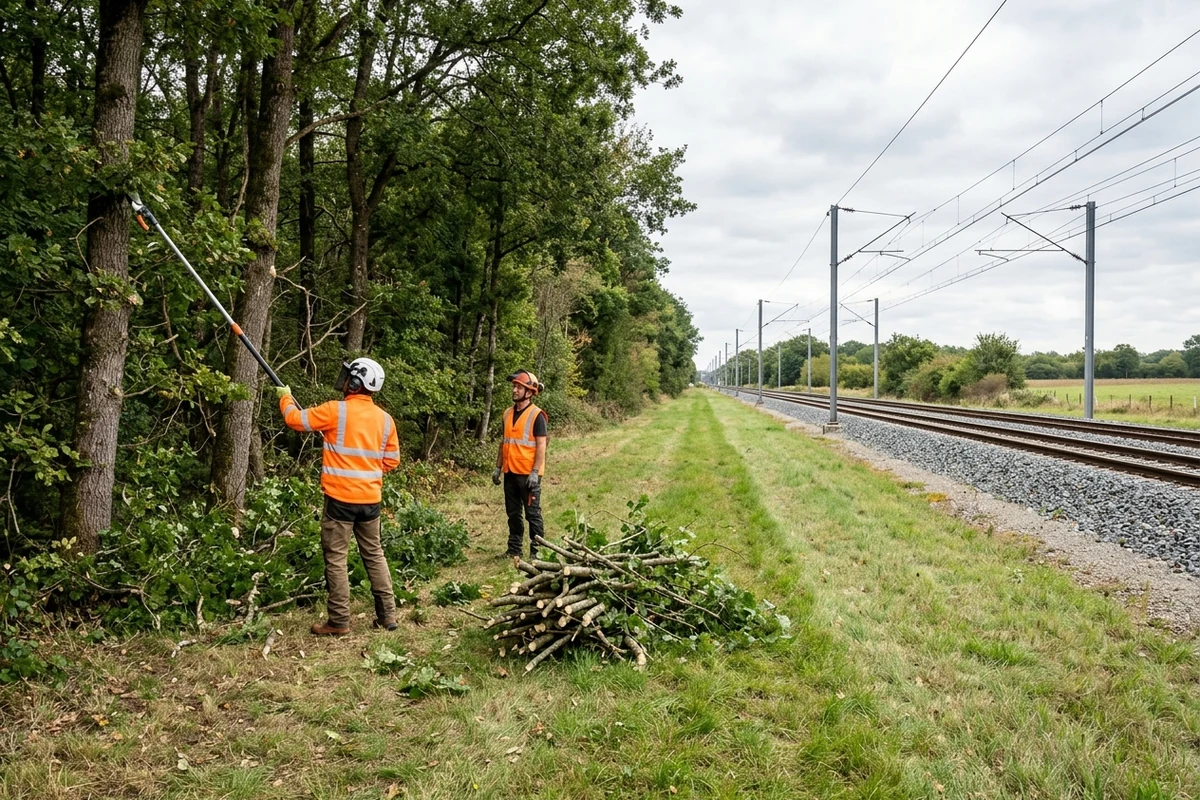 Élagueur en tenue haute visibilité taillant la végétation en bordure d'une voie ferrée électrifiée