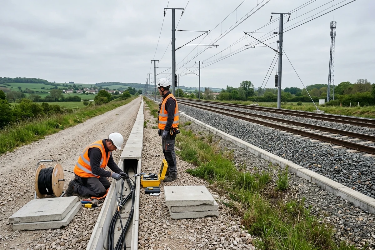 Technicien télécom en tenue haute visibilité raccordant un câble de fibre optique dans un caniveau le long d'une voie ferrée