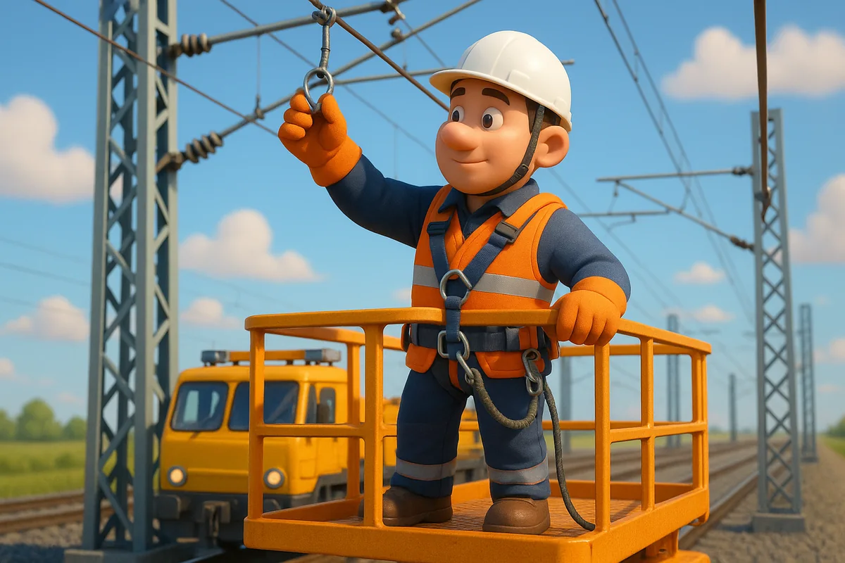 Technicien équipé d'un harnais antichute travaillant en hauteur sur une caténaire ferroviaire