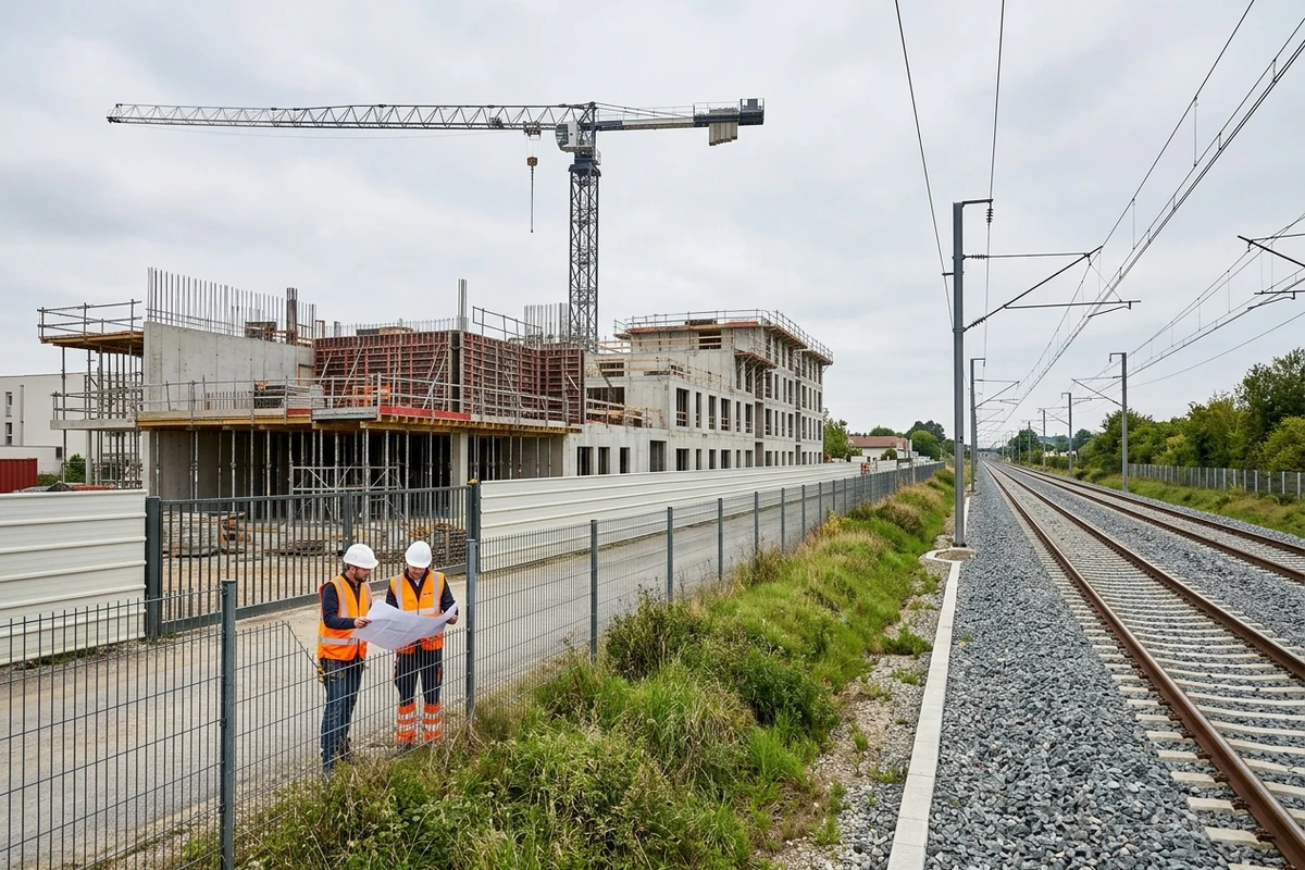 Chantier de construction avec grue à tour implanté à côté d'une voie ferrée, séparé par une clôture
