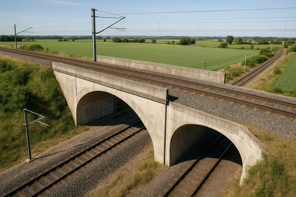 Saut-de-mouton ferroviaire : une voie passe au-dessus d'une autre voie ferrée, viaduc en béton avec rails et caténaires sur les deux niveaux