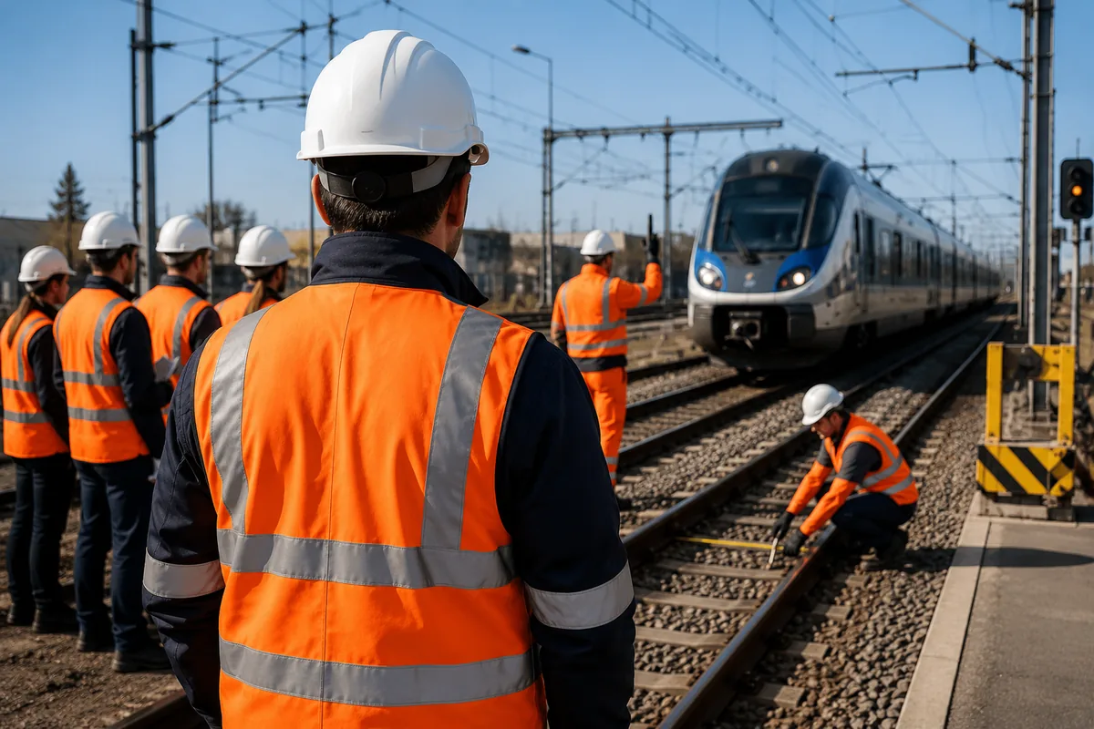 Encadrant SECUFER briefant une &eacute;quipe d'intervenants sur une emprise ferroviaire avant les travaux